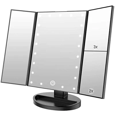 Imagen de WEILY Espejo de Maquillaje, 1x / 2X 3X Maquillaje Tres Pliegues con 21 Luces LED y Pantalla táctil Ajustable Iluminado Tocador Espejos cosméticos encimera (Negro)