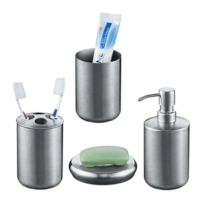 Imagen de Relaxdays 4 tlg. Badezimmer Set Edelstahl Accesorios Baño Piezas, Dosificador Jabón, Jabonera, Vaso, Soporte Cepillos Dentales, Acero INOX, Plateado, Inoxidable