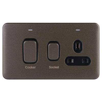 Imagen de Schneider Electric Lisse Unidad de control cocina sin tornillos con enchufe 13 A, indicador neón, 45 GGBL4001BMB, bronce moca inserto negro