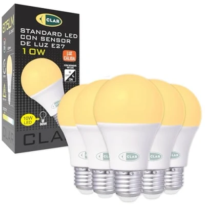 Imagen de CLAR Bombilla Sensor Crepuscular 10W, exterior, con Crepuscular, Noche y Dia, Luz Cálida (Pack 5)