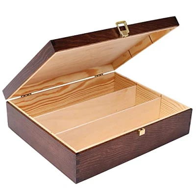 Imagen de Creative DECO Marrón Caja Madera Vino Barnizada 3 Botellas 35x30x10cm Tapa y Bisagra Divisores Extraíbles Regalo Decorar Decoupage Almacenamiento Decoración Manualidades Navidad