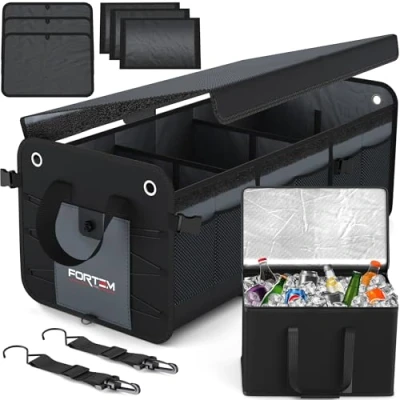 Imagen de FORTEM Organizador de Maletero Coche y SUV Caja Plegable con 3 Compartimentos Extra Grande Bolsa Nevera Base Antideslizante Cinchas Ajustables Tapa Extraíble (Gris)
