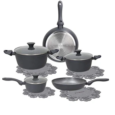 Imagen de Tognana Cooking Circle Ardesia juego de ollas y sartenes antiadherentes con protector ollas, 2 sartenes, 3 tapas transparentes, aluminio, color gris