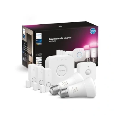 Imagen de Philips Hue Secure Kit de Inicio con 3 Sensores Contacto Inteligente para Puertas y Ventanas, Sensor Movimiento Hue, Bombillas Inteligentes Luz Blanca Colores E27, Bridge, Blanco