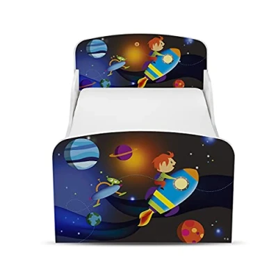 Imagen de leomark Cama Infantil Completa de Madera Planetas Marco Cama, Colchón y Cajón, Somier, Blanco Muebles para Niños, Moderno Dormitorio, Espacio Dormir: 140/70