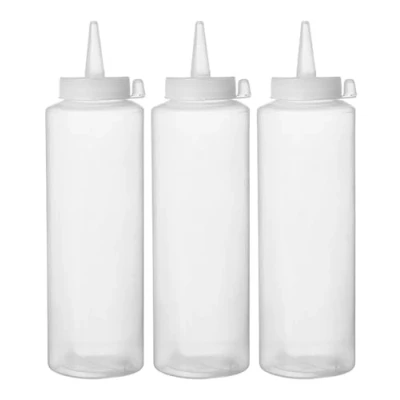 Imagen de HENDI Dispensador de botella para salsas y condimentos, reutilizable, juego 3 botellas, biberón dosificador exprimible, ketchup, mostaza, aceite oliva, 0,35L, ø55x(H)205mm, transparente, PE, PP