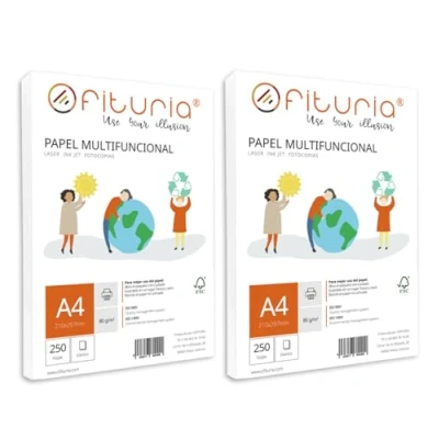 Imagen de Paquete de folios A4 80gr con 250 Hojas Blancas, Papel Multifuncional para Uso Escolar y Entornos Laborales. Ideal impresoras láser, inyección o fotocopiadoras Ofituria (A4, 500h)