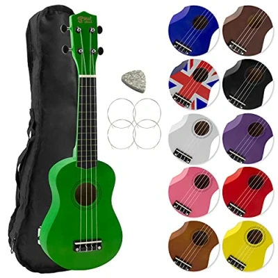 Imagen de Mad About Ukelele soprano en verde con estuche, púa y cuerdas de repuesto, ideal para escuelas principiantes, negro carbón una mejor afinación