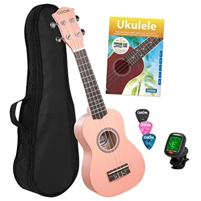 Imagen de CASCHA Juego de ukelele soprano para niños y adultos, kit inicio con 3 púas, libro texto, videos educativos sobre afinador código QR, cuerdas nailon, guitarra pequeña hawaiana, color rosa