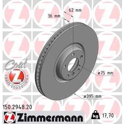 Imagen de ZIMMERMANN COAT Z 150.2948.20 Disco de freno 395 36 6/5 5 120 ventilación interna revestido altamente carbonizado BMW: X6, X5