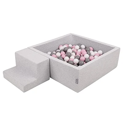 Imagen de KiddyMoon Parque Infantil De Espuma con Cuadrada Piscina Bolas (100 Bolas) para Niños, Gris Claro: Blanco/Gris/Rosa Claro