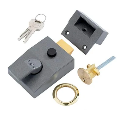 Imagen de Yale P 89 DMG PB 60 cerradura nocturna con bloqueo, bloqueo automático, acabado metálico oscuro/cilindro de latón, alta seguridad, para exteriores, pestillo puerta delantera