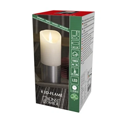 Imagen de Konstsmide Vela con pilas, luz 3D, funciona llama parpadeante, cera real, función de temporizador 4 u 8 horas, detalles plateados, 13,5 cm alto x 7,5 cm, blanco cálido