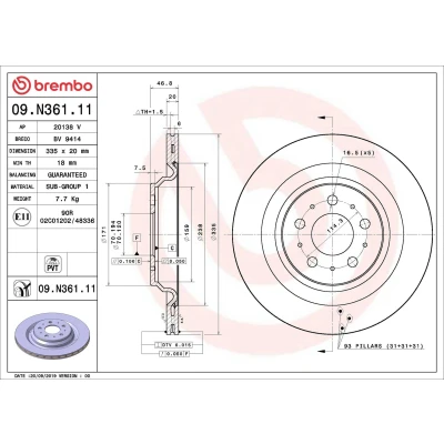 Imagen de BREMBO 09.N361.11 Disco de freno 335 20 5 ventilación interna revestido