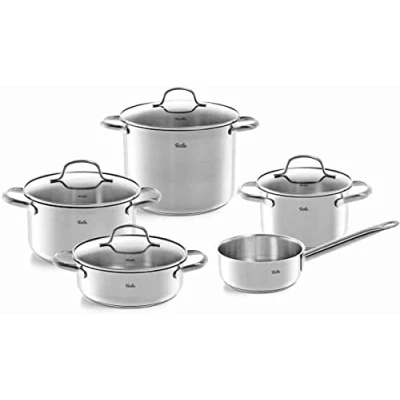 Imagen de Fissler San Francisco Juego de ollas acero inoxidable, 5 piezas, 3 y 1 cacerola con tapa cristal, cazo sin tapa, aptas para todo tipo placas, inducción