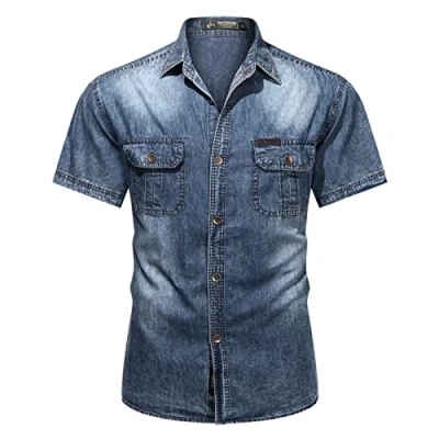 Imagen de Hombres Manga Corta Camisa Mezclilla Verano Casual Button Down Mediana Edad Joven (M,Azul)