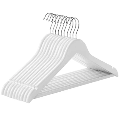 Imagen de SONGMICS Percha de Madera Maciza, Juego 10, con Ranuras para Hombros, Barra Antideslizante Pantalones, Gancho Giratorio 360, Trajes, Camisas, Abrigos, Blanco y Plata CRW03W 10