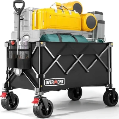 Imagen de Overmont Carro Playa plegable con Ruedas Carrito de Jardín Todo 150L 150 kg Terreno Desmontables Grandes transporte Portavasos per Camping Compras Deportes Negro