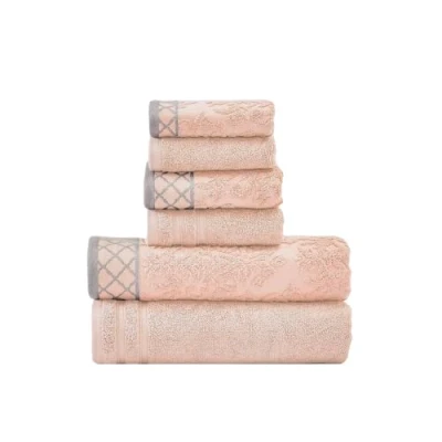 Imagen de Costa del Pacífico Textiles Damasco Jacquard Toallas con Adornado Frontera, algodón, Peach, Juego de 6