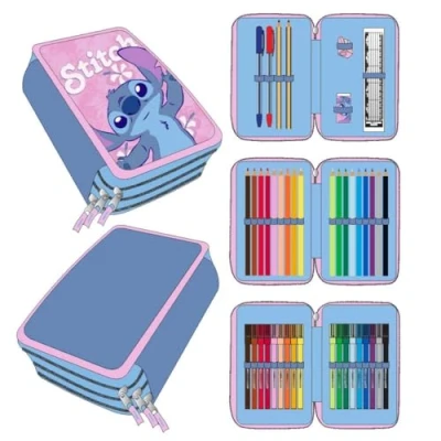 Imagen de Estuche Escolar Infantil de Stitch Color Rosa Cierre Cremallera 12,5 x 6,5 19,5 cm Triple Compartimento Incluye Accesorios Producto Original Diseñado en España