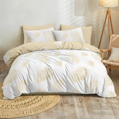 Imagen de Dreamzie Funda nordica Cama 240x220 cm Diseño de Hojas Palmera Beige y Blanco con 2 Almohada 65x65 100% Microfibra Certificada Oeko Tex