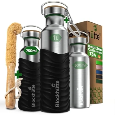 Imagen de Blockhütte Botella de agua acero inoxidable, 750 ml, apta para bebidas carbonatadas, a prueba fugas, sin BPA, termo metal con revestimiento silicona, niños, adultos, deportes