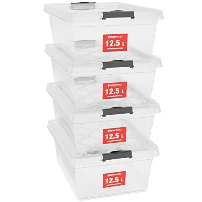 Imagen de ATHLON TOOLS 4 cajas de almacenamiento 12.5 L con tapa, aptas para alimentos, clips cierre, caja plástico 100% transparente, ropa apilables