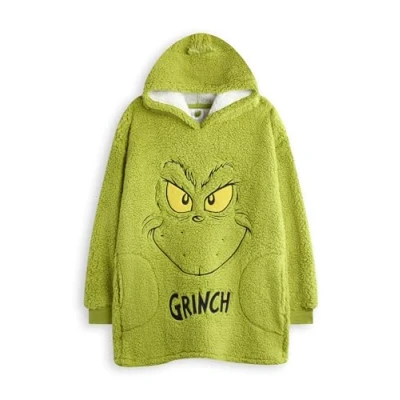 Imagen de The Grinch Sudadera con capucha para niños Jersey polar en verde cara del personaje y pelo de piel Ropa estar por casa forro Sherpa
