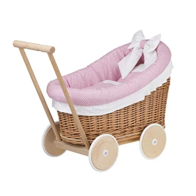 Imagen de e wicker24 Landau Poussette pour poupée en Osier Naturel,poignée et Roues Bois avec Tissu Rose Blanc