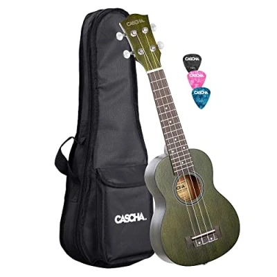 Imagen de Cascha Ukelele soprano verde caoba I Starter Kit de 3 púas colores en funda Premium Guitarra hawaiana pequeña para principiantes avanzados