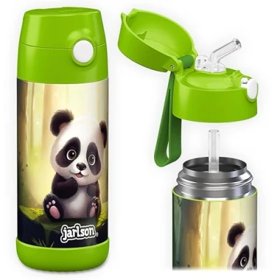 Imagen de JARLSON® botella Agua niños con pajita CHARLI, Botellas Acero Inoxidable termica, sin BPA, a Prueba de Fugas, para la Escuela y Deportes, el Termo, 350 ml
