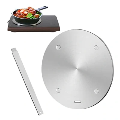 Imagen de placa difusora de calor para estufa gas, adaptadora inducción acero inoxidable Gocoffun con mango extracción, anillo cocción a fuego lento (11 pulgadas)