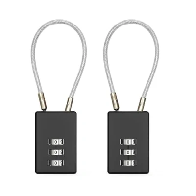 Imagen de iCovalescent 2 Piezas Candados Pequeños de Combinación 3 Digitos, Cable Con Código, Para Mochila, Tienda, Cremallera, Maleta(Negro)