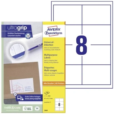 Imagen de Avery Universal Labels Etiquetas Multiuso (97 x 67.7 mm, 800 Unidades), Blanco