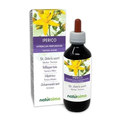 Imagen de Hipérico o hierba de San Juan (Hypericum perforatum) con flores Tintura Madre sin alcohol Naturalma Extracto líquido gotas 200 ml Complemento alimenticio Vegano