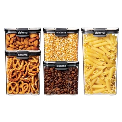 Imagen de Recipientes herméticos Ultra Square Tritan para despensas de Sistema Capacidad variada guardar alimentos Apilables Clips cierre Sin BPA Transparente con toques en negro 5 unidades