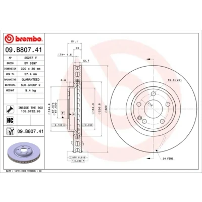 Imagen de BREMBO COATED DISC LINE 09.B807.41 Disco de freno 320 30 5 ventilación interna revestido altamente carbonizado con tornillos MERCEDES BENZ: Clase A