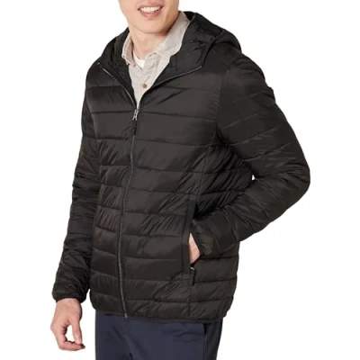 Imagen de Amazon Essentials Chaqueta Acolchada con Capucha, Plegable, Ligera y Resistente al Agua Hombre, Negro, S