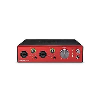 Imagen de Interfaz de audio USB Clarett+ 2Pre Focusrite para artistas. Los dos preamplificadores micrófono con distorsión y ruido bajos aportan un sonido real