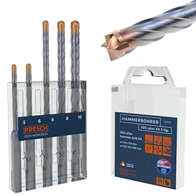 Imagen de Presch Brocas Para Hormigón Armado SDS plus X4 5 pzas. Con 4 Filos de Corte e Indicador la Longitud los Tacos Hormigón, Piedra, Granito, Ladrillo, Mampostería Ø 10 mm