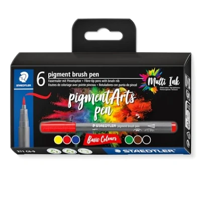 Imagen de Staedtler Brush pen pigment Arts, tinta de dibujo premium, punta pincel para un ancho línea variable, resistente al agua, secado rápido, 6 pinceles en colores surtidos estuche cartón, 371