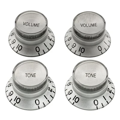 Imagen de Musiclily Pro Tamaño Métrico 18 Splines 2 Volume Tone Botones de Potenciómetros Reflector Knobs Perillas Set para Guitarra Eléctrica Epiphone Les Paul SG Style, Plateado con Top(Juego 4)