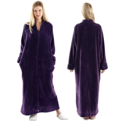 Imagen de Oksun Albornoz de forro polar para mujer, talla grande, largo completo, con cremallera, Sin capucha, color morado, 14 20