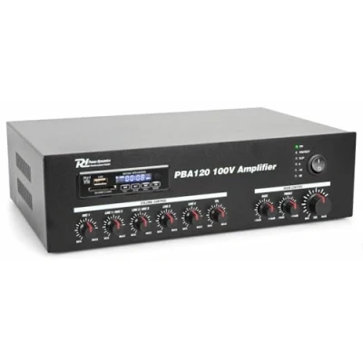 Imagen de Power Dynamics PBA120 Amplificador para Sistema 100V o 120W Entrada de USB/SD MP3, conexión inalámbrica con Bluetooth, 2 entradas micrófono, Linea, Salida RCA, Mando a Distancia