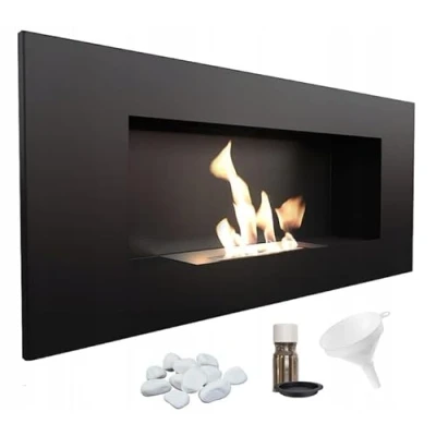 Imagen de KRATKI Chimenea de bioetanol Delta 2 + Guijarros Embudo Set aromaterapia Montaje en Pared o instalación empotrada l Biocontainer 0,5 l, TÜV Acero, 40 x 90 cm, Negro