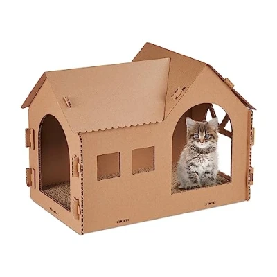 Imagen de Relaxdays Katzenhaus Pappe mit Kratzbrett Casa Gato con Rascador, Cueva Gatito Superficie Rascado para Montar, Incl. Hierba Gatera, 36x49x29 cm, Marrón, Cartón
