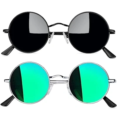 Imagen de Joopin Redondas Gafas de Sol Polarizadas Retro Vintage Círculo Metálico Hippie Steampunk para Hombres y Mujeres 2PCS (Negro+Verde)