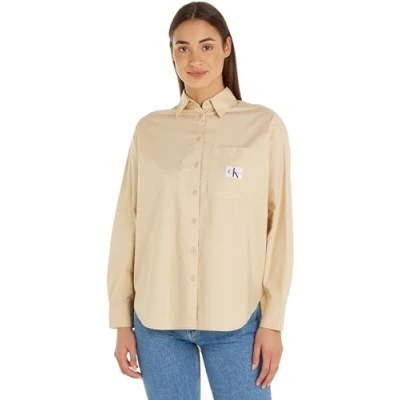 Imagen de Calvin Klein Jeans Woven Label Relaxed Shirt J20J222610 Camisas de Tejido, Beige (Warm Sand), S para Mujer