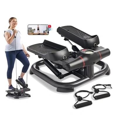 Imagen de Sunny Health &amp; Fitness SF S021054 Stepper 2 en 1 con Bandas de Resistencia, Cardio bajo Impacto, Ahorro Espacio, Altura Ajustable, 330 Libras máximo y conectividad Bluetooth Mejorada por