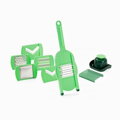 Imagen de Genius Nicer Dicer Speed Light rallador manual con hoja en V, 8 piezas, ajustable, color verde oscuro, plateado y